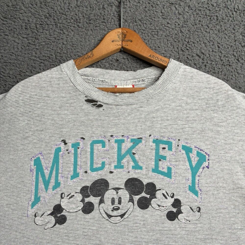 Vintage 90s Distressed Mickey Mouse T Shirt Men's Large Made In USA Striped